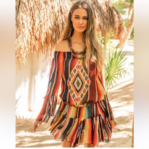 MISS JUNE Paris Playa off the Shoulder Dress  in Tribal Print One Size NWOT - Picture 1 of 15